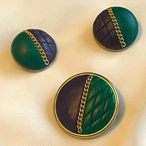 Real leather fashion brooch and matching clip earrings